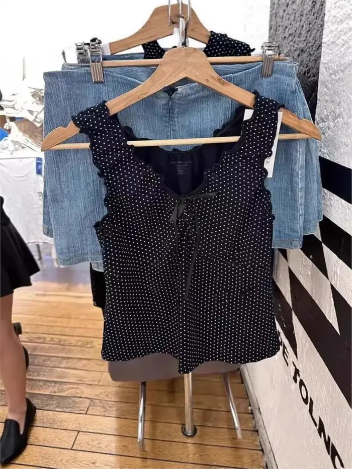 Débardeur Harajuku pliable noir à pois pour femme