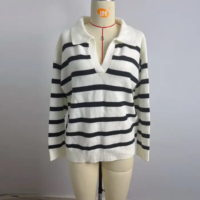Pull tricoté rayé pour femmes, manches longues, col rabattu, pull de rue, décontracté, grande taille