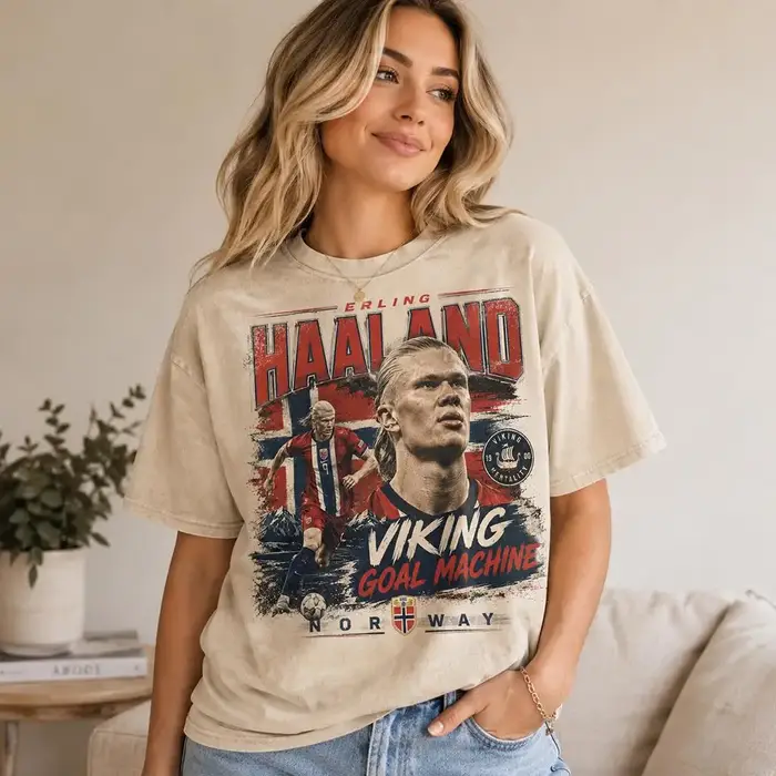 T-shirt imprimé rétro Erling Haaland Norvège Football Portrait Vintage Lavé Viking Machine à Buts St
