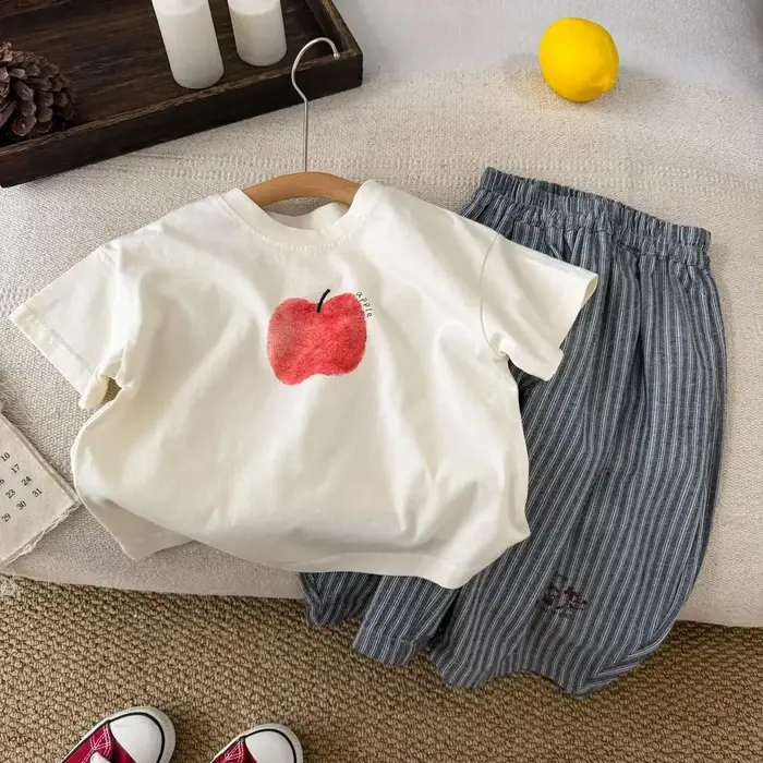T-shirt Apple Banana pour garçons et filles, vêtements d'été mignons, col rond, haut en pur coton, t-shirts blancs et jaunes pour tout-petits