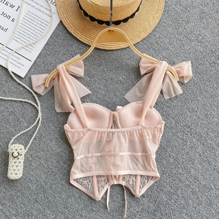 Spaghetti sangle débardeur pour femmes sans bretelles intégré soutien-gorge dentelle patchwork Tulle nœud Camis été