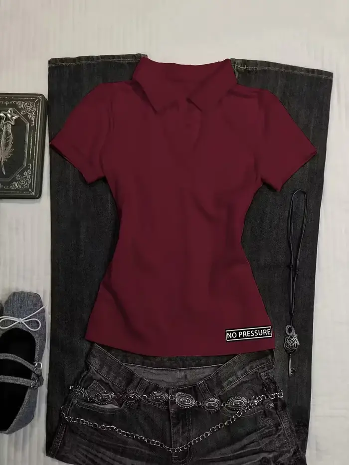 Polo slim noir Y2K pour femme, vêtements de travail, hauts imprimés rouges