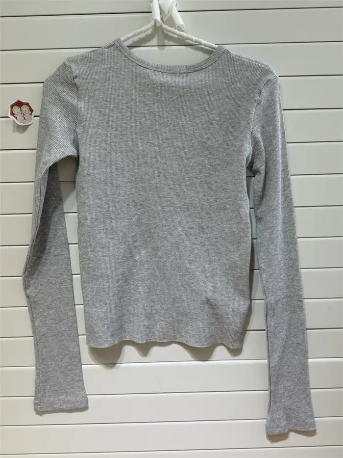 Gris gaufre mince à manches longues T-Shirt femmes printemps boutons col rond rétro Y2k