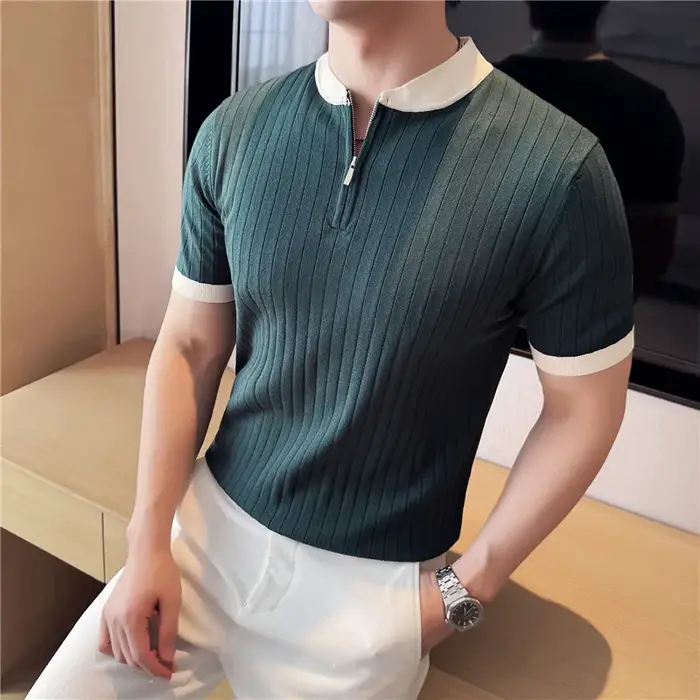 Hommes tricoté Polo Style britannique été léger mince à manches courtes usage quotidien haut t-shirt