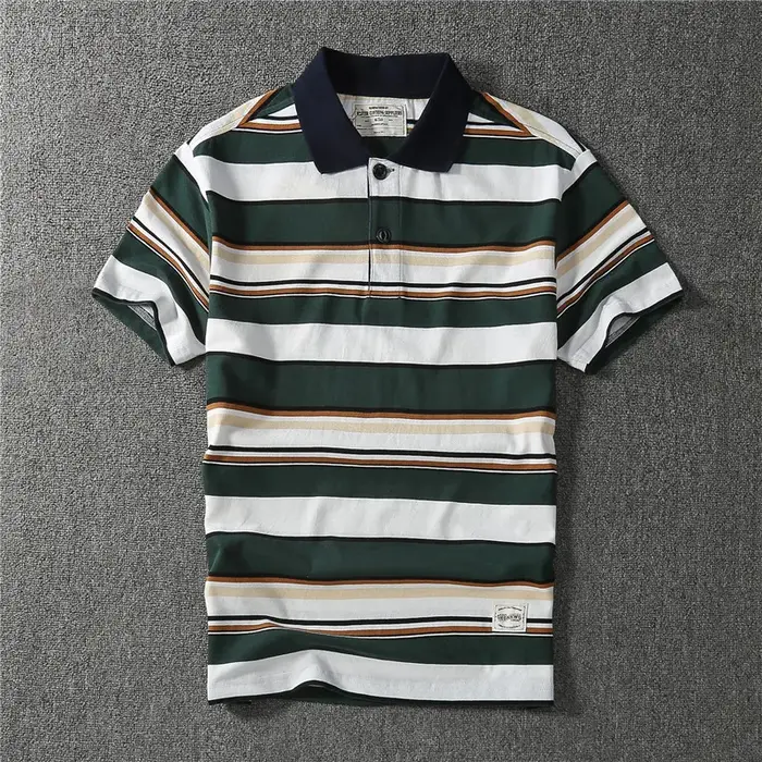 Coton épais May kaki vintage couleur contraste revers rayé polo à manches courtes T-shirt hommes mode