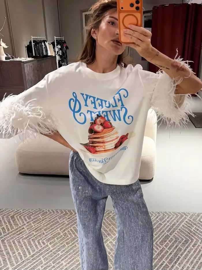 Chic plume Patchwork imprimé T-shirts femmes décontracté col rond demi manches chemise surdimensionnée 2026 nouvelle dame été hauts de rue