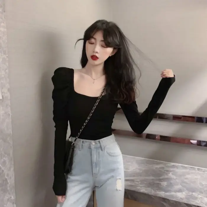 T-shirt à Manches Bouffantes Noir pour Femme