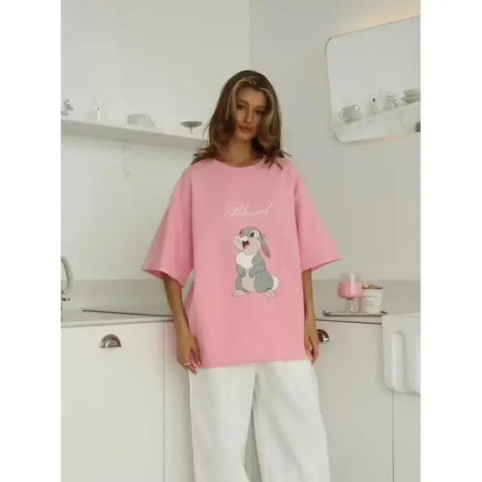 Kawaii lapin imprimé blanc 100% coton américain décontracté Streetwear femmes t-shirt à manches courtes col rond
