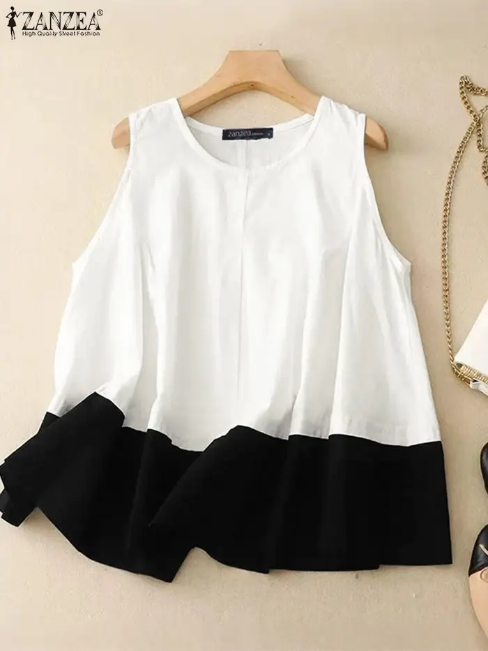2025 femmes été débardeurs ZANZEA coton Camis Vintage col rond sans manches vacances Blouse rétro chemise ample t-shirts occasionnels surdimensionné