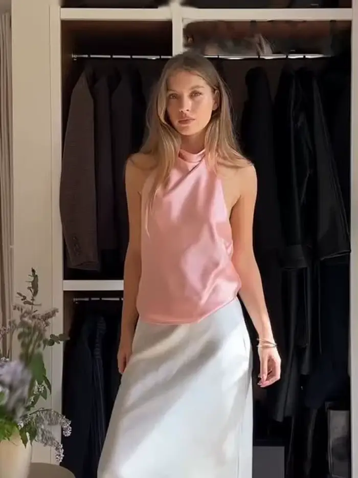 HH femmes été nouvelle mode Chic hauts courts solide sans manches dos nu décorer boutons femme Sexy mince