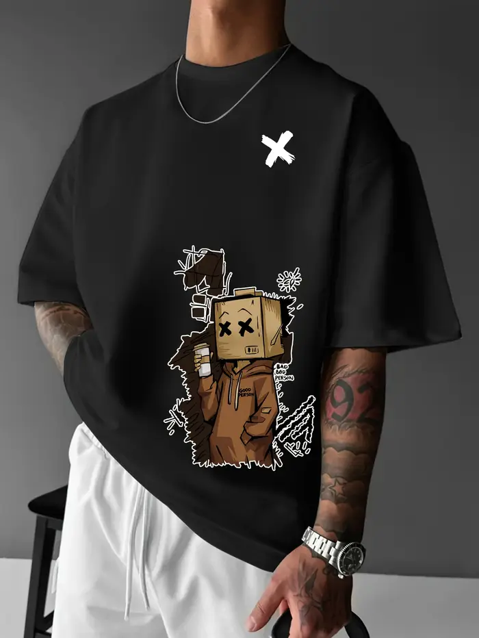 T-shirt col rond pour hommes, mode européenne et américaine, imprimé Graffiti de dessin animé, confo