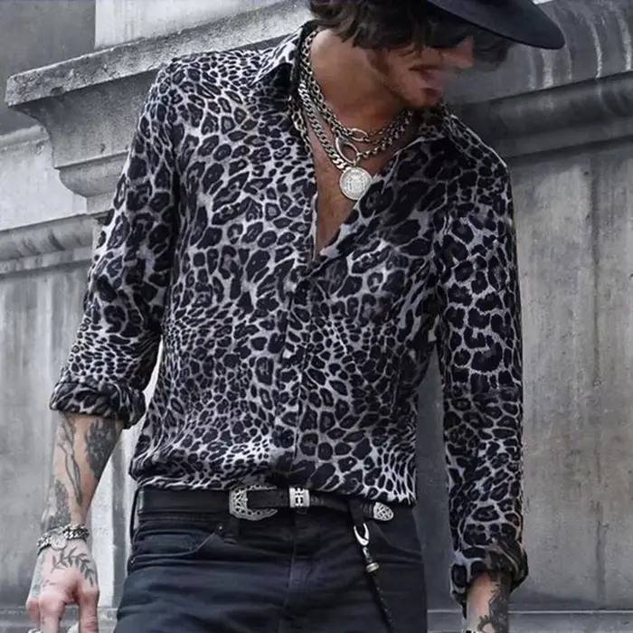 Chemise à manches longues à imprimé léopard tendance pour homme