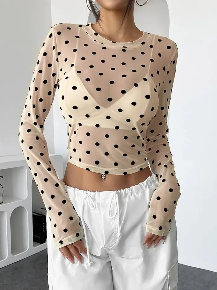 Femmes à pois à manches longues hauts en maille Sexy voir à travers des chemisiers transparents chemises sortie haut