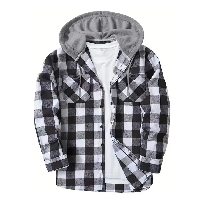 Chemise à carreaux ajustée à manches longues avec capuche pour homme, chemises décontractées de voya