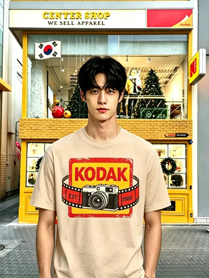 T-shirt 2026 Kodak Rétro Effet Vieilli Appareil Photo et Impression Film, Streetwear Coréen, Coton O
