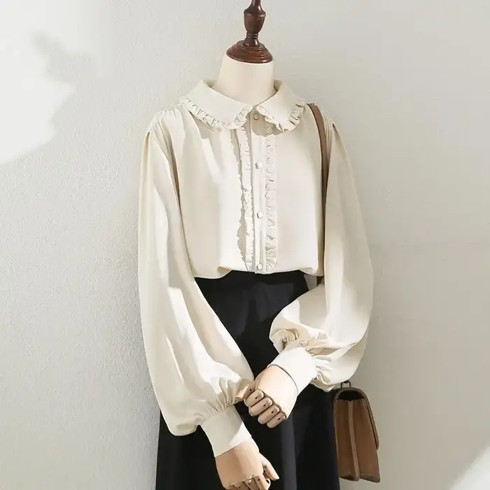 Chemisier ample à manches longues et col Claudine à volants pour femme, style Lolita, décontracté, p