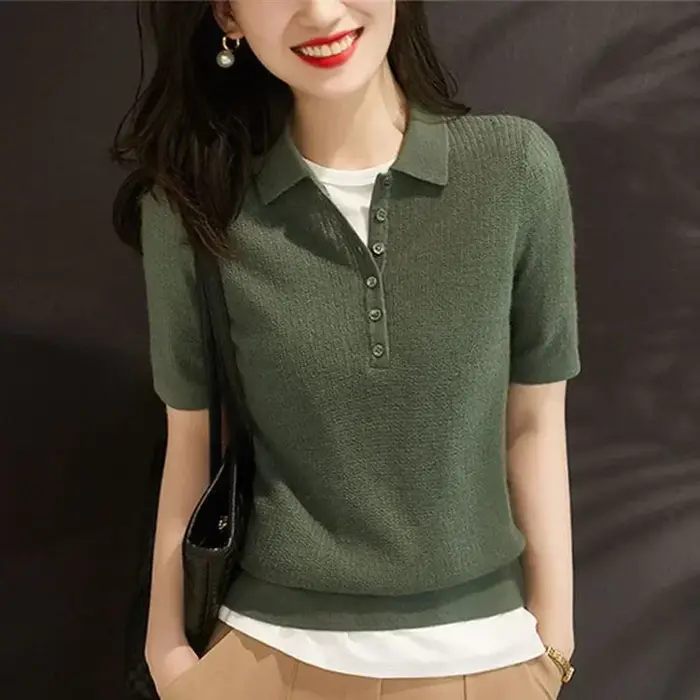 Chemise à col Polo pour femmes bouton uni femme T Slim vêtements