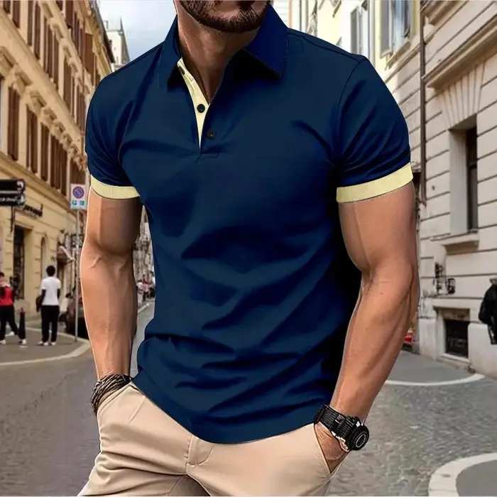 Polo Homme Manches Courtes Color Block Coupe Slim Style Anglais Décontracté Streetwear Été Respirant Tendance Golf Top Tee