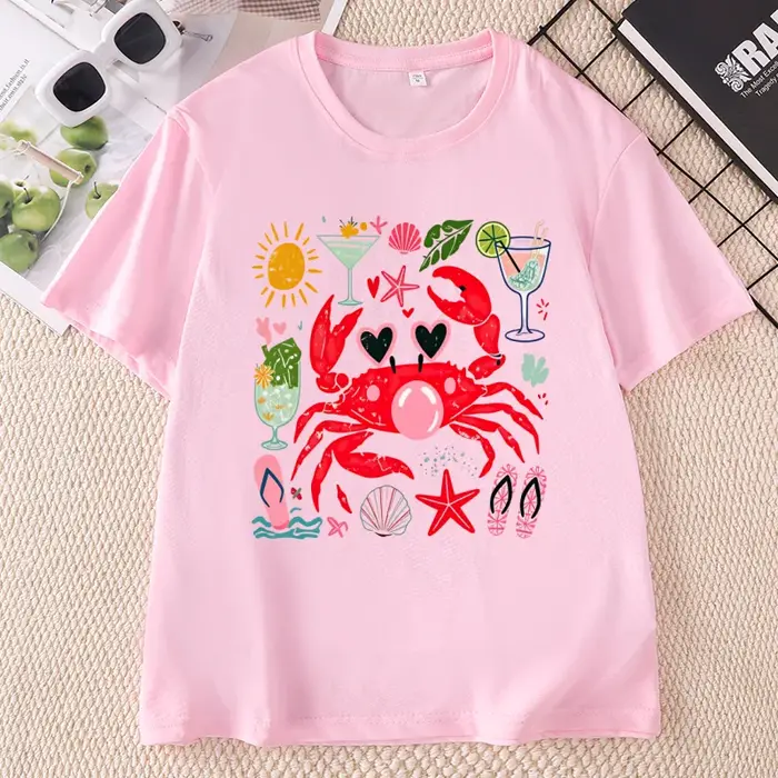 T-shirt graphique amusant avec crabe soufflant des bulles, T-shirt d'été pour la plage, T-shirt impr
