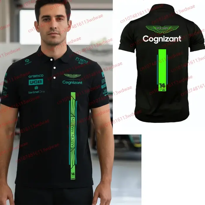 Aston Martin Racing Team Training Street Style Button Polo Shirt Fernando Alonso 14 Vêtements à manches courtes pour hommes et femmes