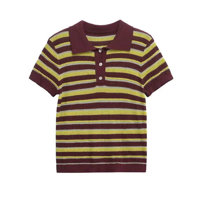 BWQ – POLO tricoté pour femmes, col rond, manches courtes, simple boutonnage, garniture côtelée, hau