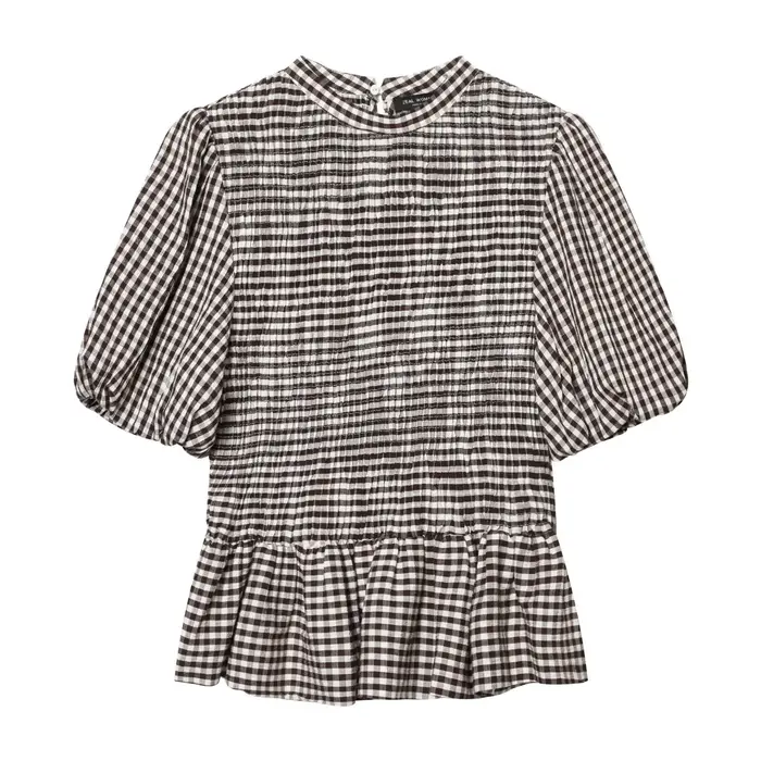 Chemise Vintage Femme Tendance à Col Montant et Manches Bulles, Coupe Ajustée, Motif Plaid Café au L