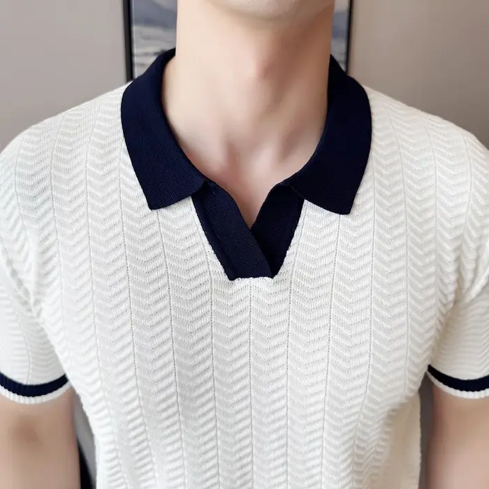Mode nid d'abeille Texture contraste couleur t-shirts hommes tricotés polos été à manches courtes mince hauts élastique