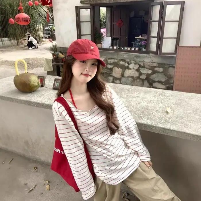 Chemisier T-shirt rayé rouge et blanc pour femme