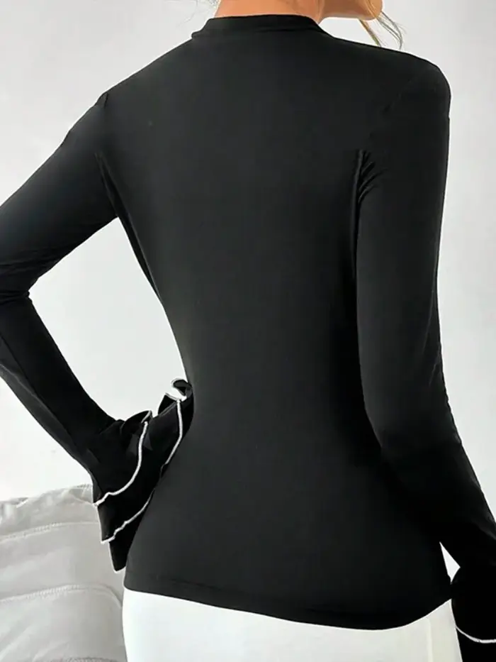 Bonboho T-shirt moulant noir uni pour femmes col rond manches longues à volants chemises élégantes 2025 chemisier de mode d'automne