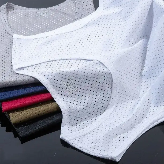 Nouveaux hommes maille gilet glace soie séchage rapide musculation débardeurs Fitness Muscle sans ma