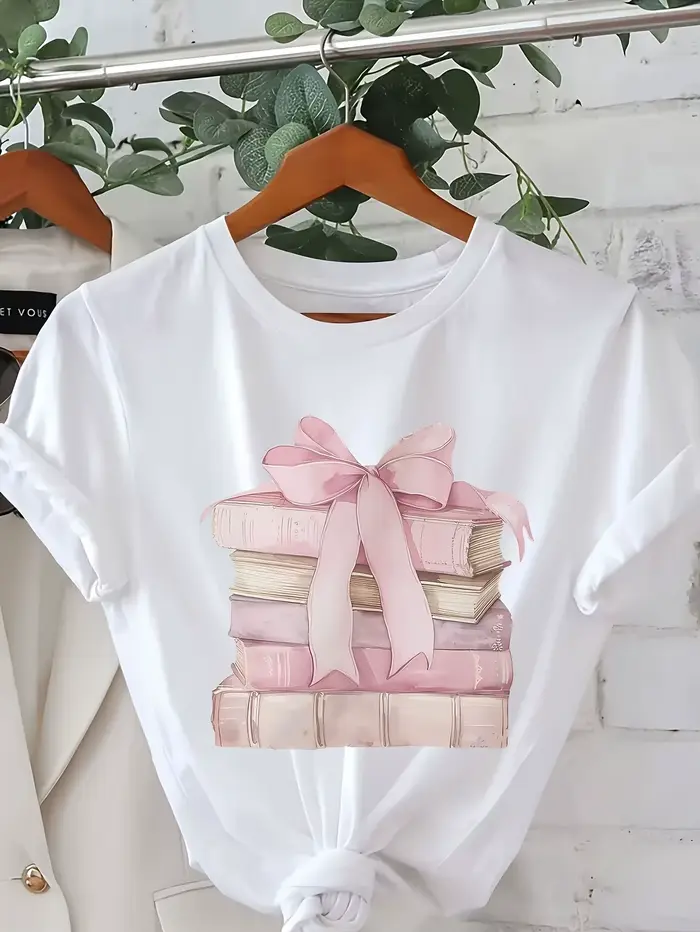T-shirt à manches courtes pour femme, motif nœud papillon empilé, col rond, design décontracté aux c