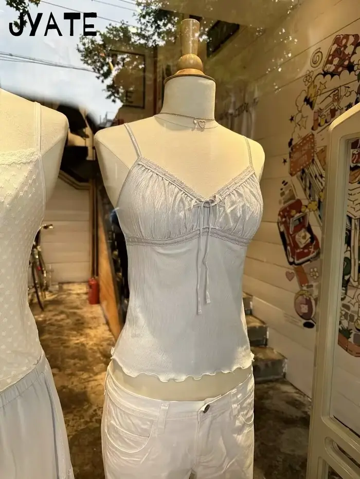 Camisole à lacets en maille transparente blanche pour femmes, garniture en dentelle, nœud patchwork, gilets courts mignons, chemisier de style preppy doux, précieux, nouveau, Y-Y2K