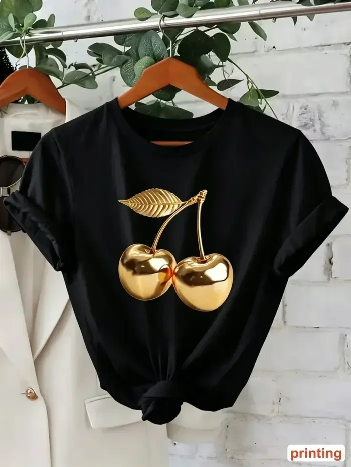 T-shirt imprimé motif cerise doré brillant pour hommes et femmes