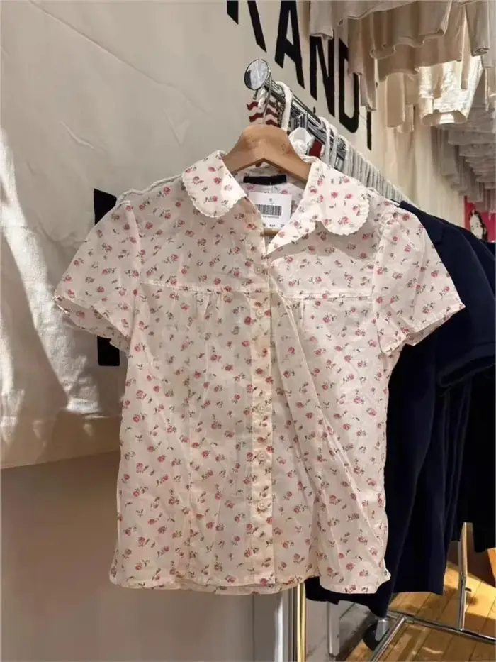 Doux rouge Floral T-shirt Blouse femme été col panoramique simple boutonnage manches courtes t-shirts décontracté