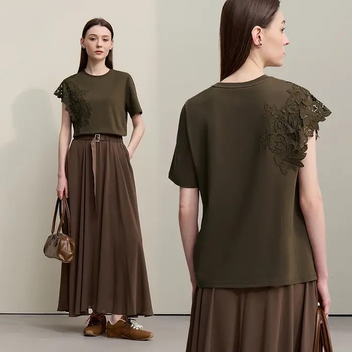 T-shirt Amii 2026 Nouvelle Collection Été Col Rond Coton Anti-Transpiration Dentelle Asymétrique Ample Manches Courtes Pour Femme 12642023