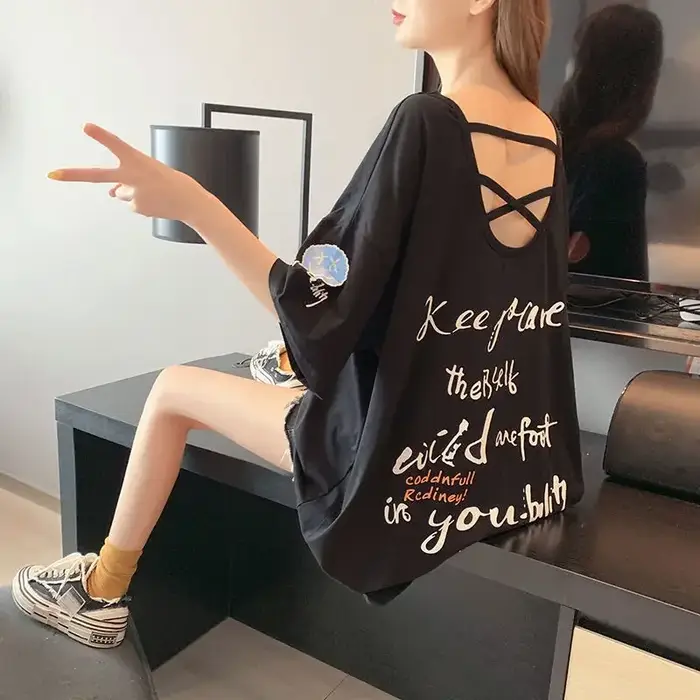 T-shirt Baggy Sexy pour Femme, Long Noir, Graphique, Col en V, CoAdvantages, Tee-shirt Confortable, 