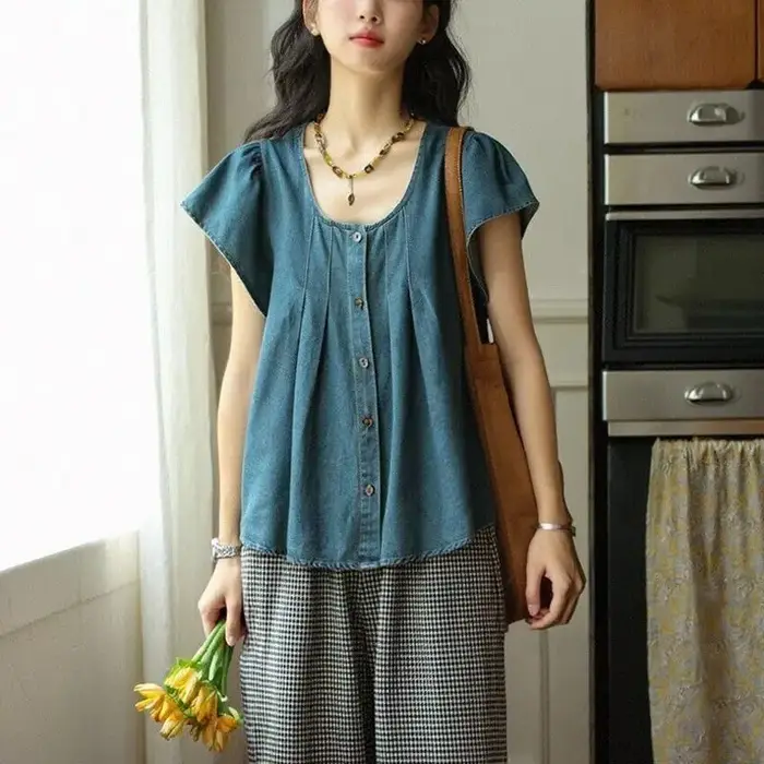 Chemise en jean japonaise à manches courtes pour femme