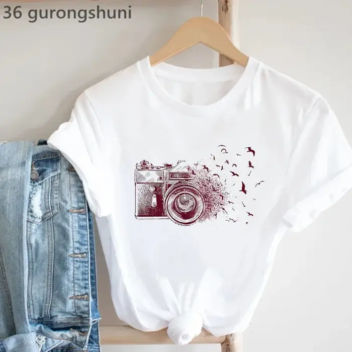Vintage T-Shirt Femmes Caméra Oiseau