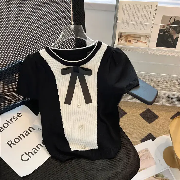 T-shirt tricoté noir à manches courtes pour femmes, élégant, à la mode, Y2k, avec nœud doux, col ron