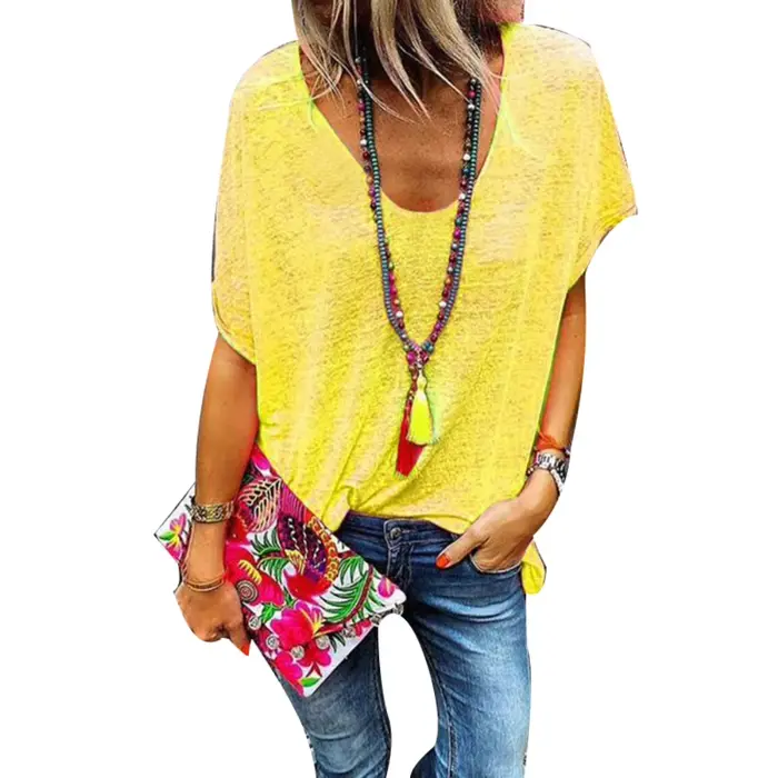 T-Shirt ample femmes surdimensionné couleur bonbon col en V dames sweat à manches courtes