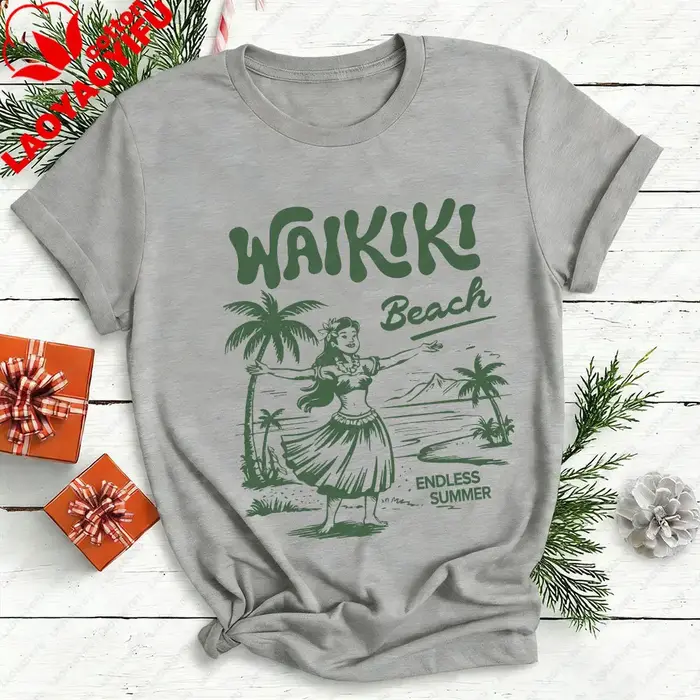 Waikiki chemise de plage Hawaii graphique T-Shirt Hula Girl Vintage île