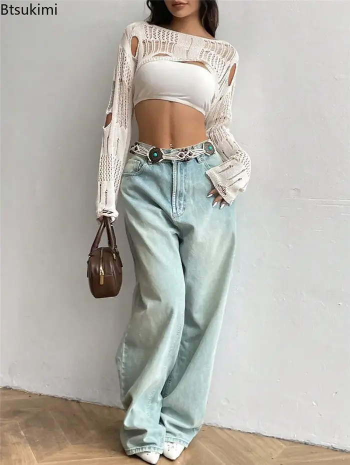 Femmes Sexy à manches longues voir à travers le crochet supérieur fleur trou creux tricoté Smock court pull femme