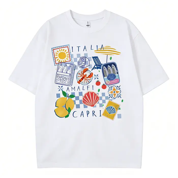 T-shirt graphique Capri Italia, style rétro, humoristique, thème fruits de mer, vacances, manches co