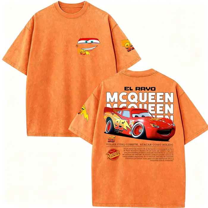 T-shirt Rétro Lightning McQueen Effet Délavé Homme et Femme Coupe Oversize Manches Courtes Motif Voiture Dessin Animé