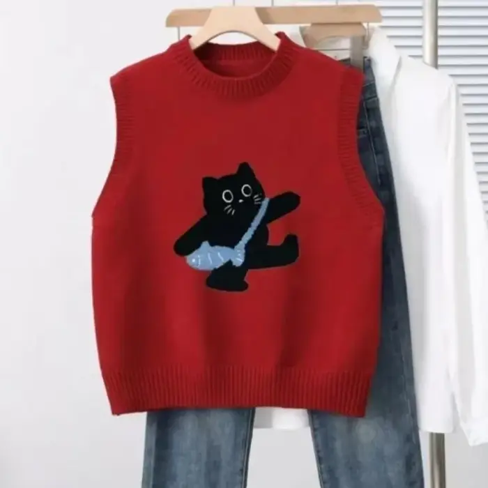 Pull gilet femmes décontracté brodé dessin animé col rond sans manches