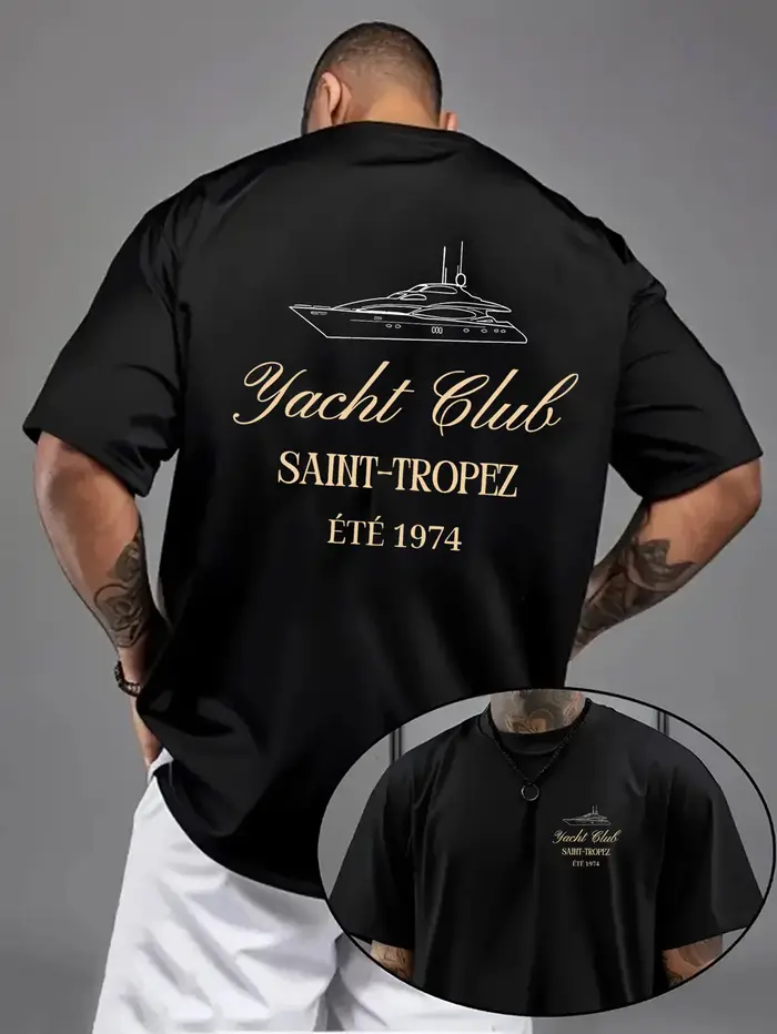 T-shirt unisexe à imprimé Saint-Tropez Yacht Club, coupe oversize, épaules tombantes, col rond, styl