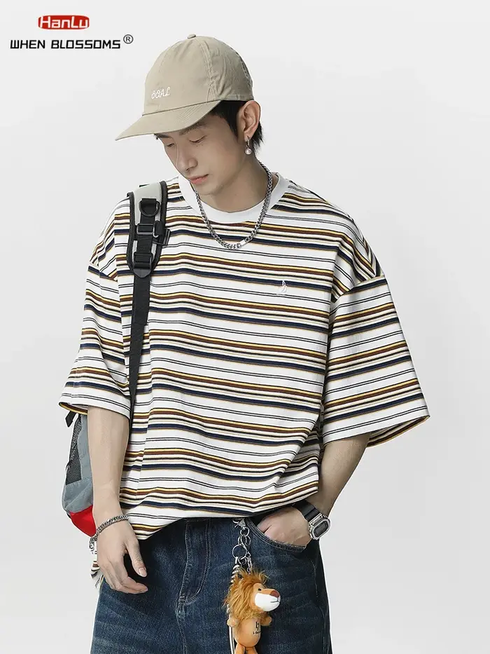 HANLU rétro contraste couleur rayure à manches courtes T-Shirt unisexe été nouveau Style broderie à la mode décontracté Couple t-shirts