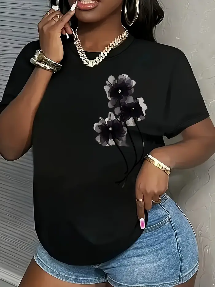 T-Shirt décontracté pour femmes, imprimé Floral noir, manches courtes, col rond, tissu léger et resp