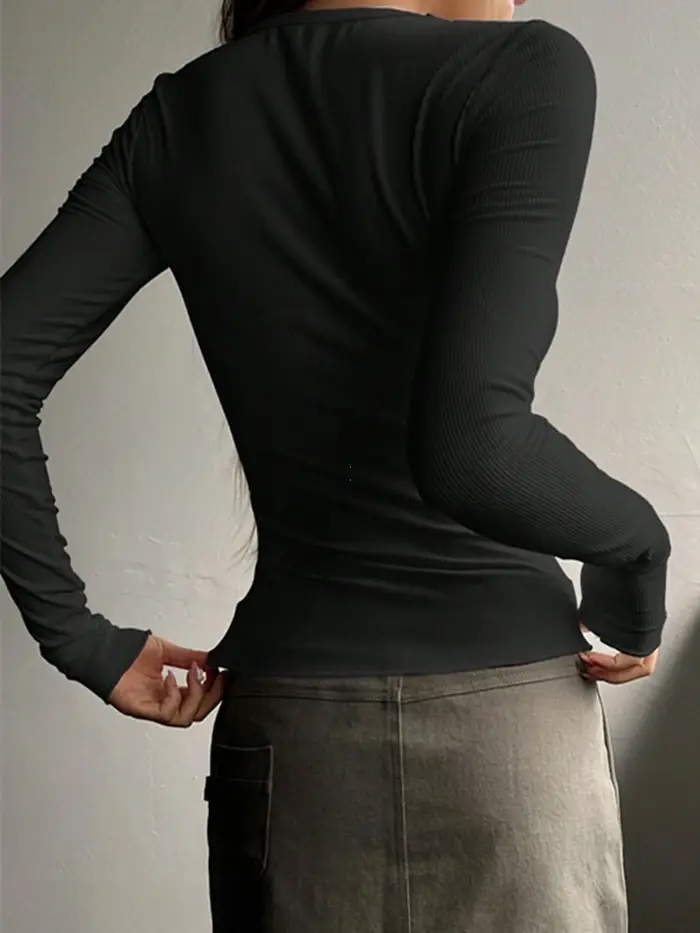 T-shirt côtelé uni à demi-bouton sur le devant pour femmes