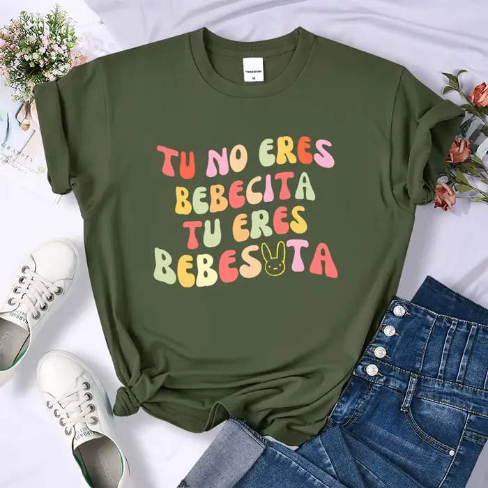 T-shirt imprimé Tu No Eres Bebecita Tu Eres BeBio ota pour femme, haut confortable avec lettres colo